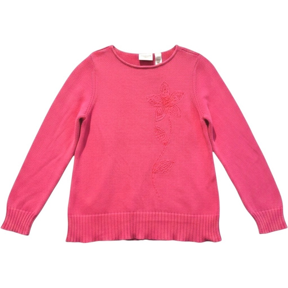 Liz Claiborne Sweater Pink Floral Embroidered Knit Pullover Women Petite M‎